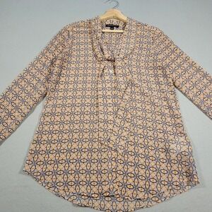 Banana Republic Blouse Sheer Tie Neck Geometric Print Long Sleeve Womens Size XS